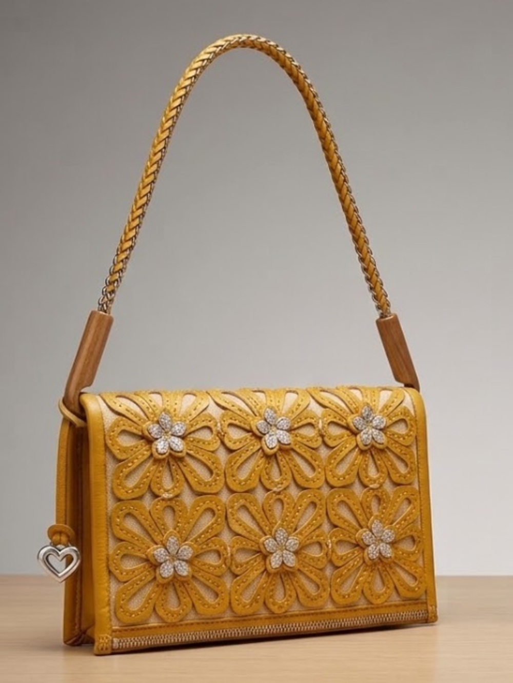 BRIGHTON Gloria Leather Linen Floral Applique Goldenrod Clutch Shoulder Bag